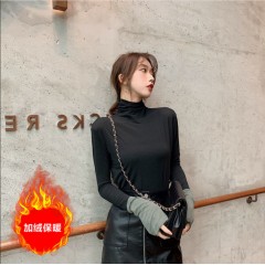 高領(lǐng)t恤女衣服學(xué)生韓版寬松秋季加絨上衣百搭緊身長袖打底衫